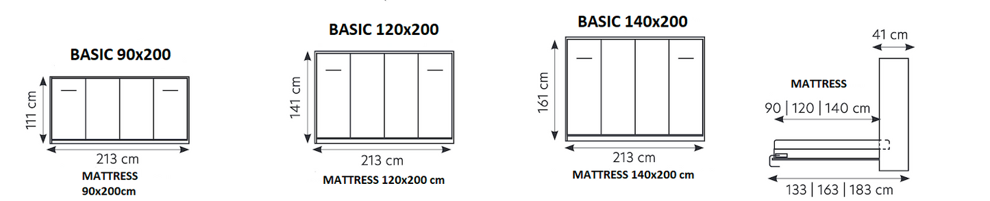 NE BASIC Murphy Bed Horizontal Sonoma Oak 90,120,140 x 200 cm Mattress