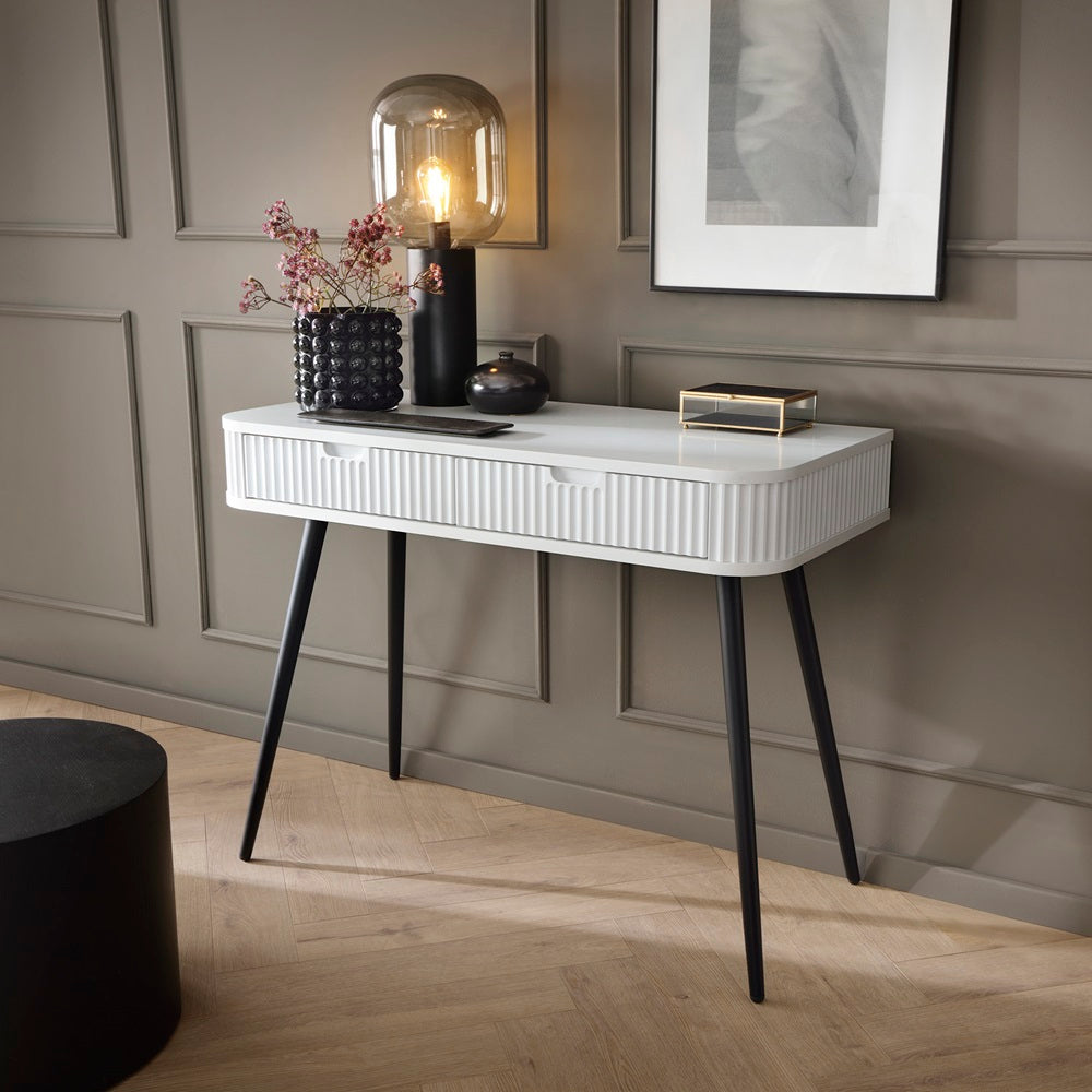 Zova White Vanity Table - Modern Vanity with Two Drawers and Grooved Fronts