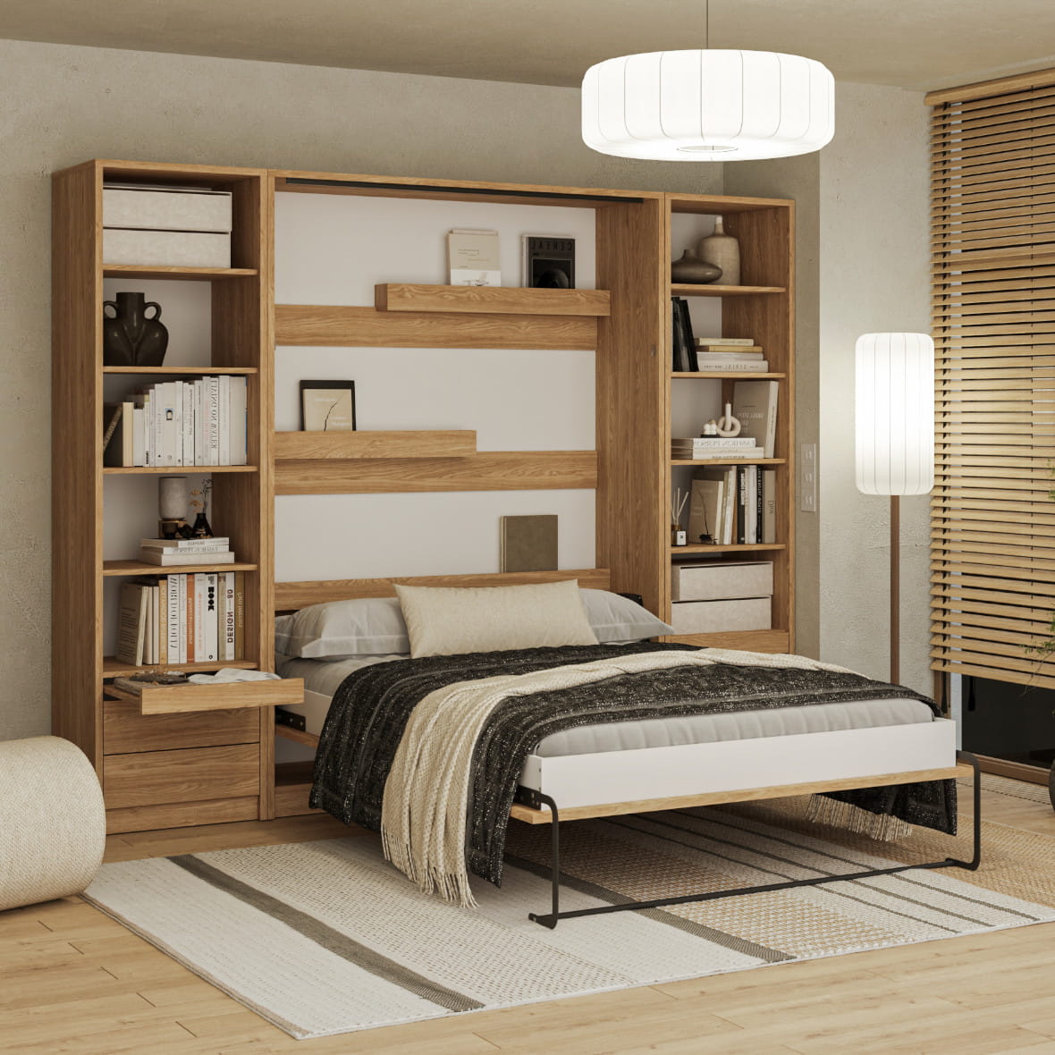 Genius Vertical Murphy Bed with Desk & Wardrobes – with 120x200 cm Mattress, LED Lighting