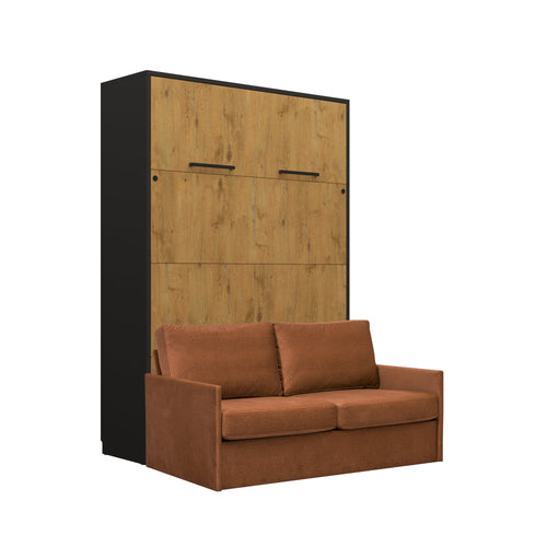 Customizable Genius Murphy Bed with Sofa Set 160 x 200 cm Black Lancelot Oak, LED Lighting