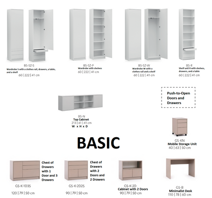 Customizable BASIC Murphy Bed Horizontal  Furniture Set White Matt 90, 120, 140 x 200 cm