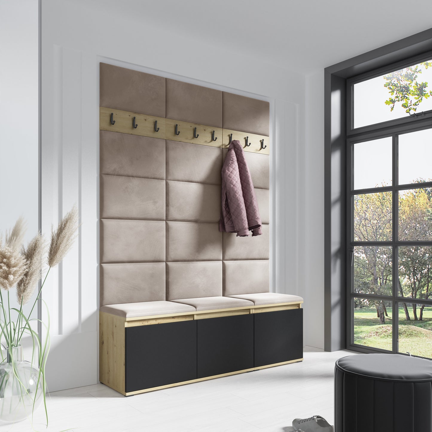 PK Emi 6 Hallway Wardrobe Artisan Oak / Black - Upholstered Panels in Various Colours
