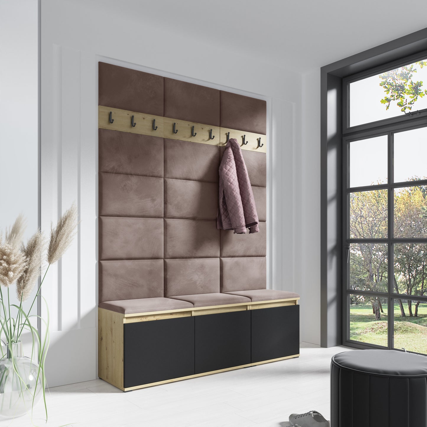 PK Emi 6 Hallway Wardrobe Artisan Oak / Black - Upholstered Panels in Various Colours