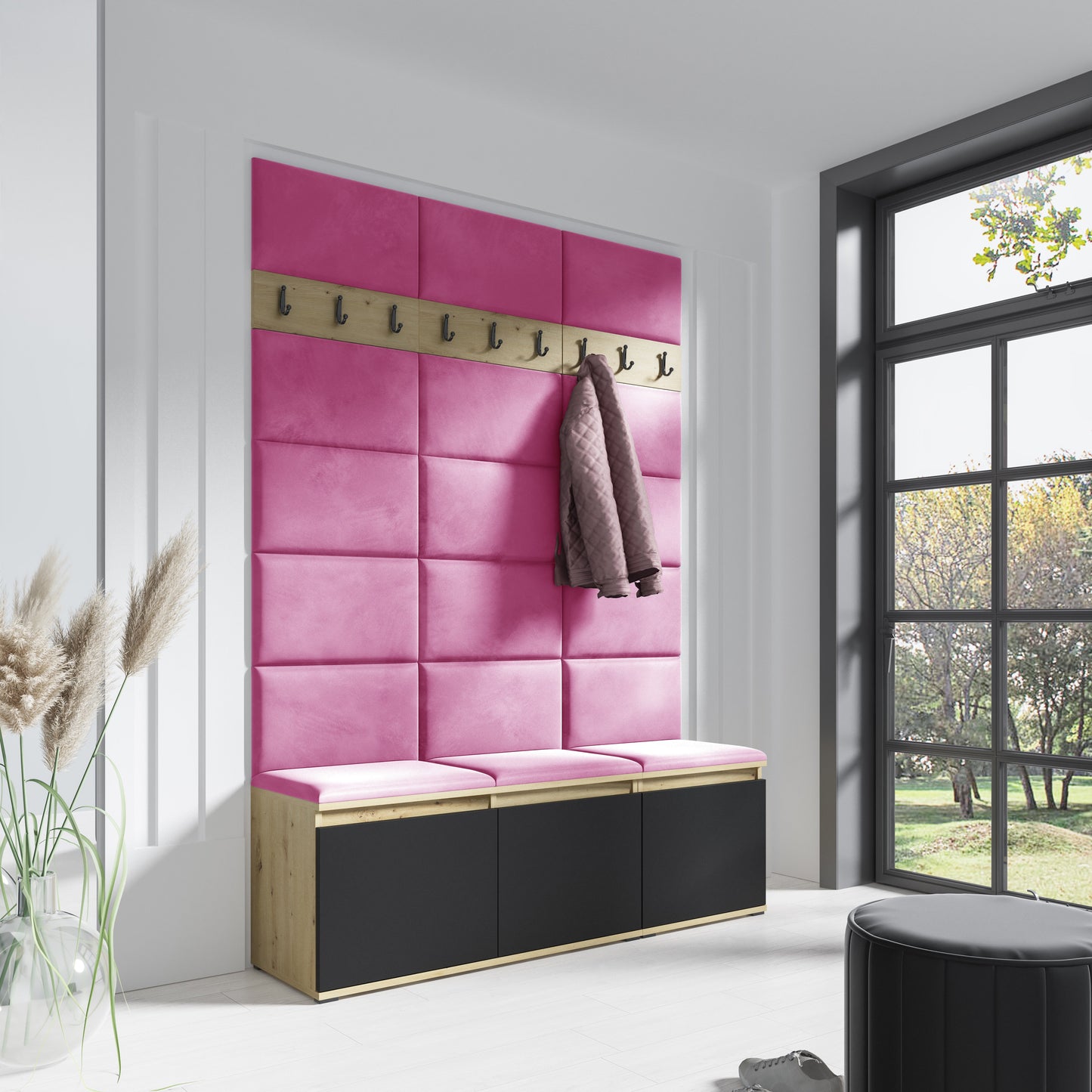 PK Emi 6 Hallway Wardrobe Artisan Oak / Black - Upholstered Panels in Various Colours