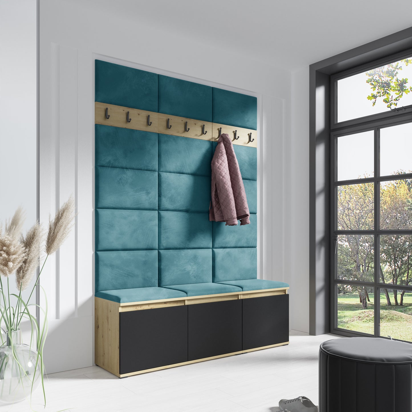 PK Emi 6 Hallway Wardrobe Artisan Oak / Black - Upholstered Panels in Various Colours