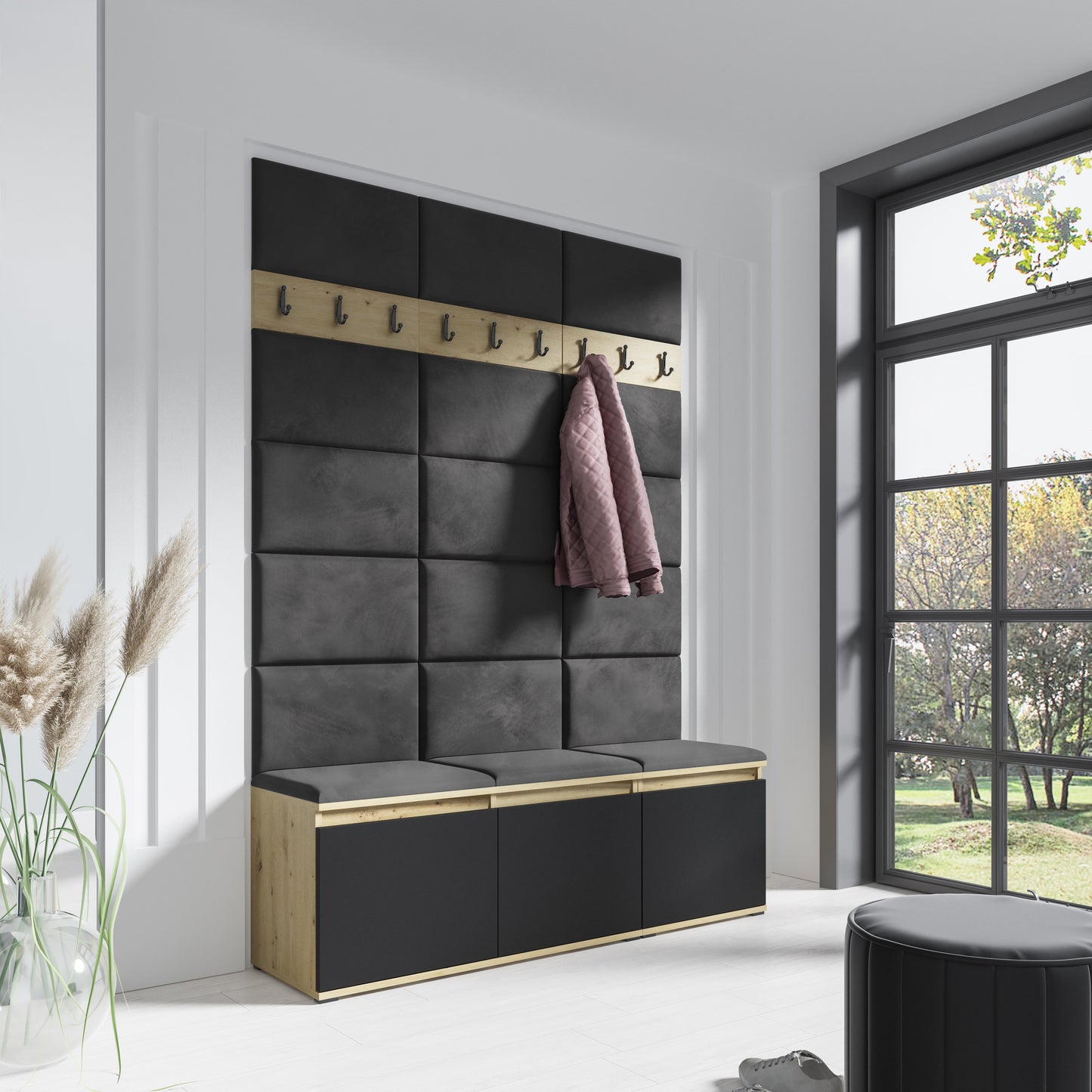 PK Emi 6 Hallway Wardrobe Artisan Oak / Black - Upholstered Panels in Various Colours
