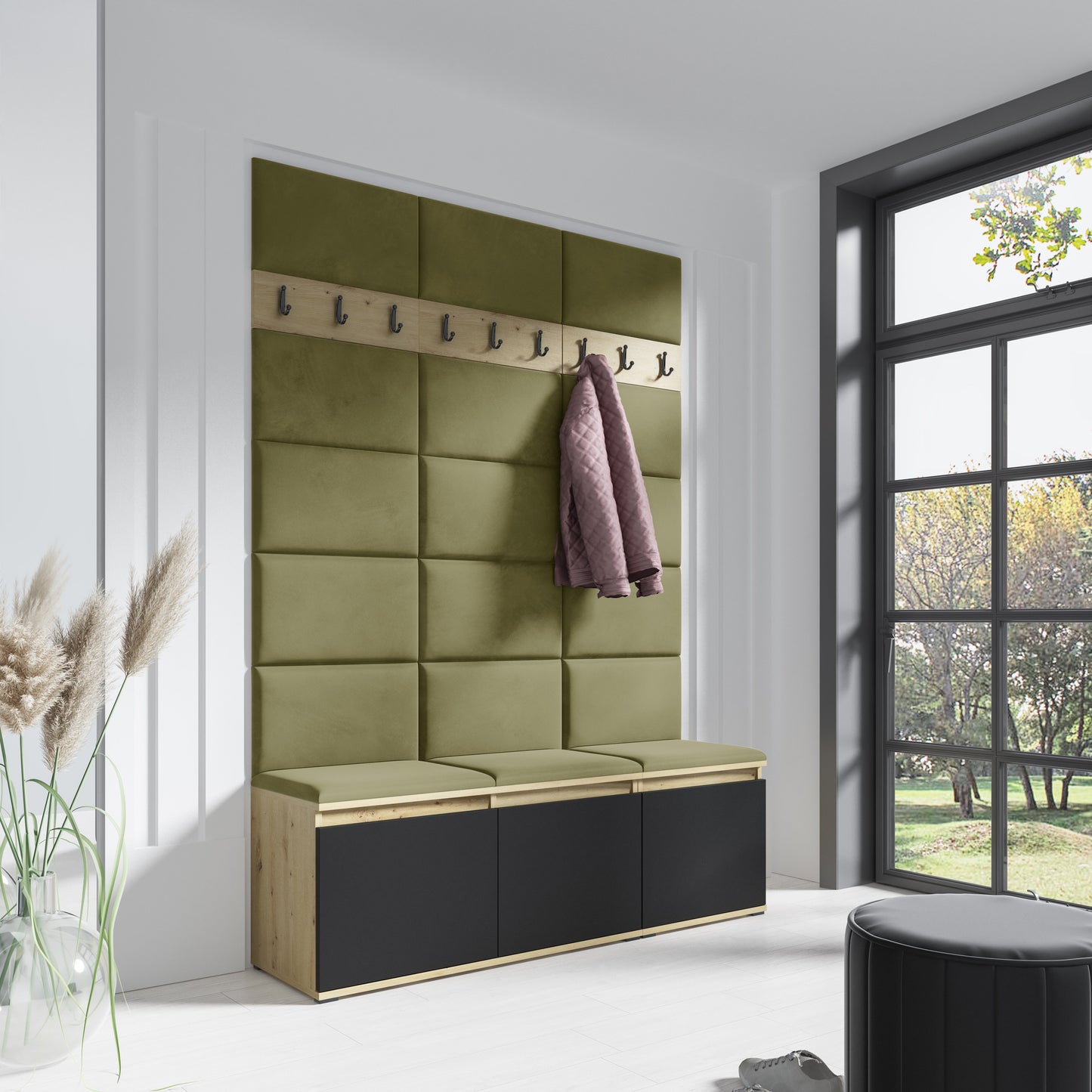 PK Emi 6 Hallway Wardrobe Artisan Oak / Black - Upholstered Panels in Various Colours