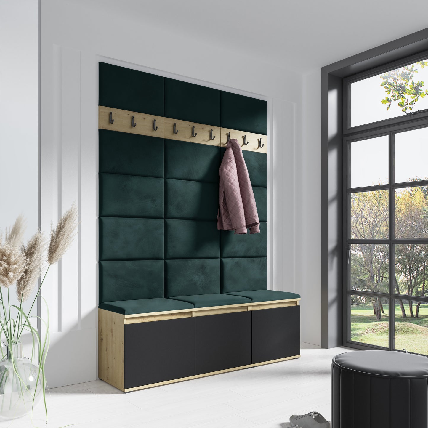 PK Emi 6 Hallway Wardrobe Artisan Oak / Black - Upholstered Panels in Various Colours