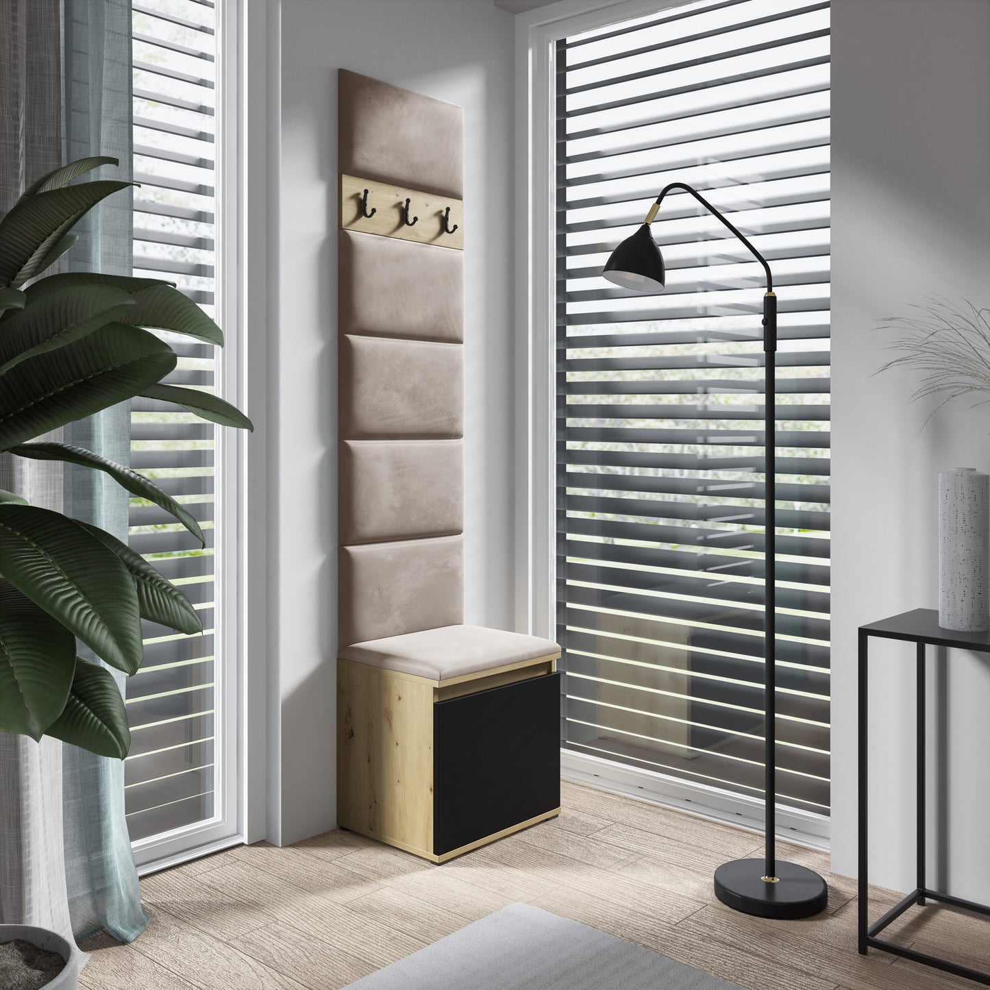 PK Emi 7 Hallway Wardrobe Artisan Oak / Black - Upholstered Panels in Various Colours