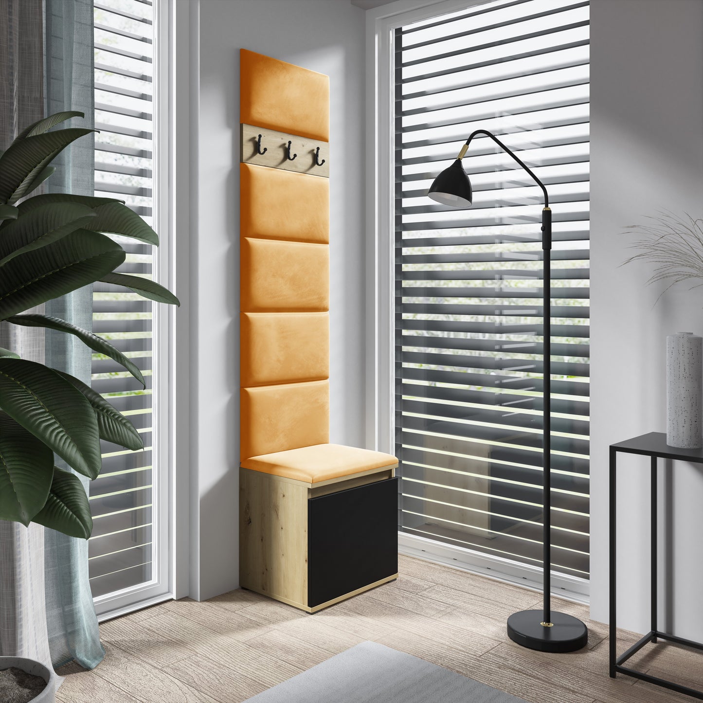 PK Emi 7 Hallway Wardrobe Artisan Oak / Black - Upholstered Panels in Various Colours