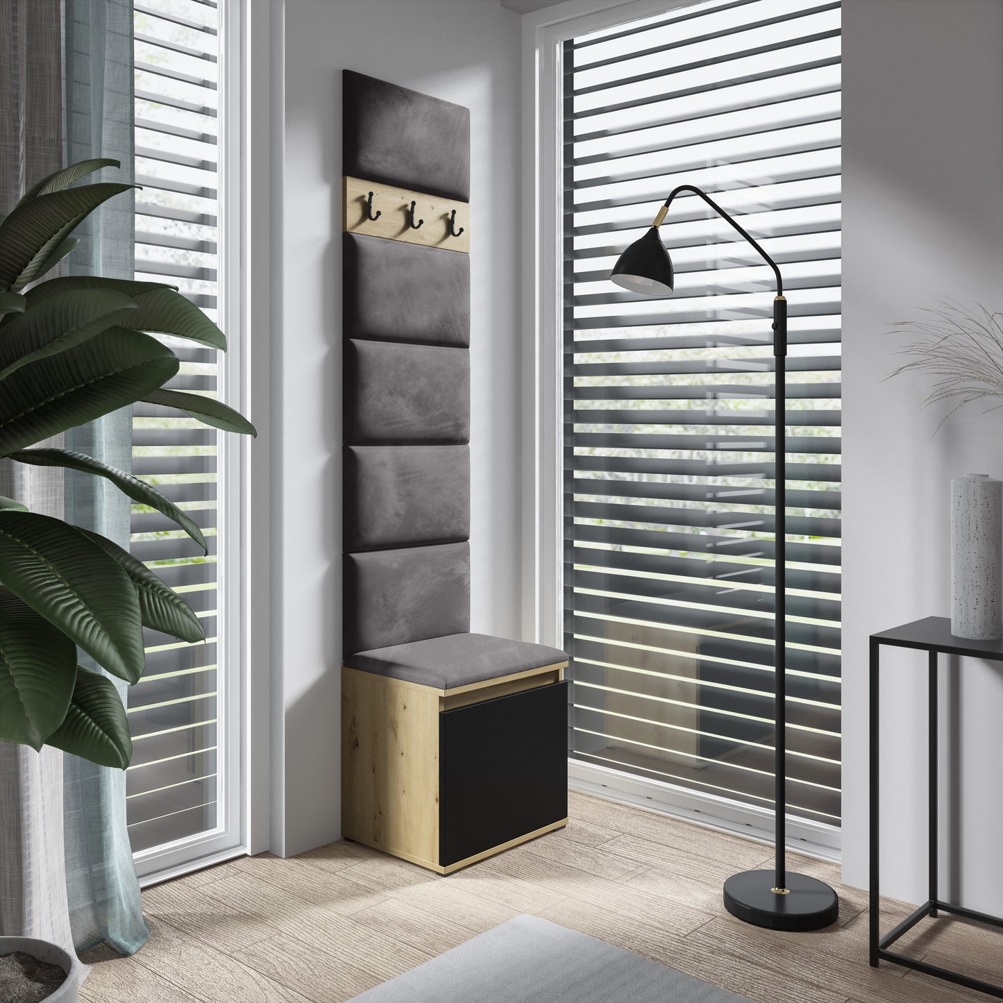 PK Emi 7 Hallway Wardrobe Artisan Oak / Black - Upholstered Panels in Various Colours