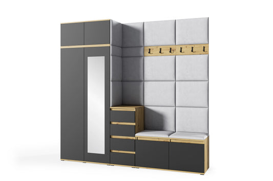PK Emi 33 Hallway Wardrobe Aristan Oak\Black - Upholstered Panels in Various Colours