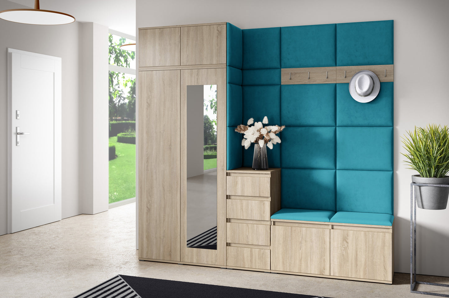 PK Emi 33 Hallway Wardrobe Sonoma Oak - Upholstered Panels in Various Colours