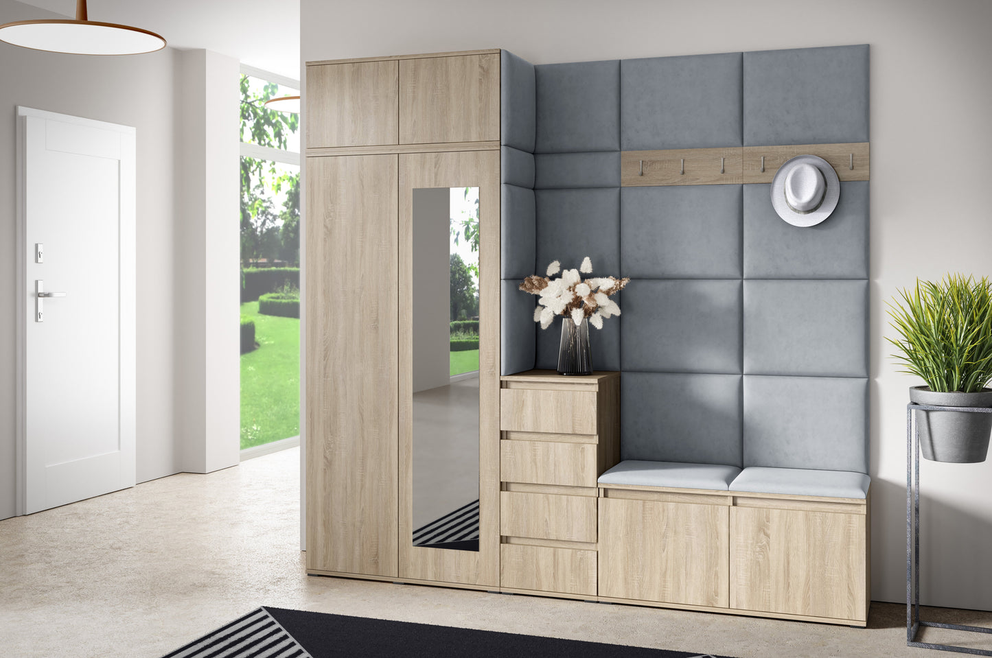 PK Emi 33 Hallway Wardrobe Sonoma Oak - Upholstered Panels in Various Colours
