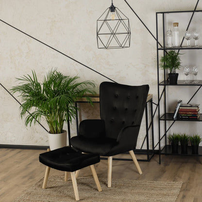Elite LOZANO Black Velvet Armchair with Footstool