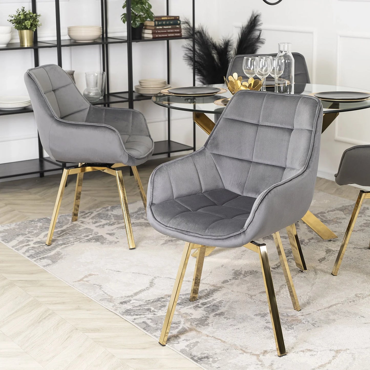 Elite MIA Swivel Velvet Chair – Chic Gray & Gold Design