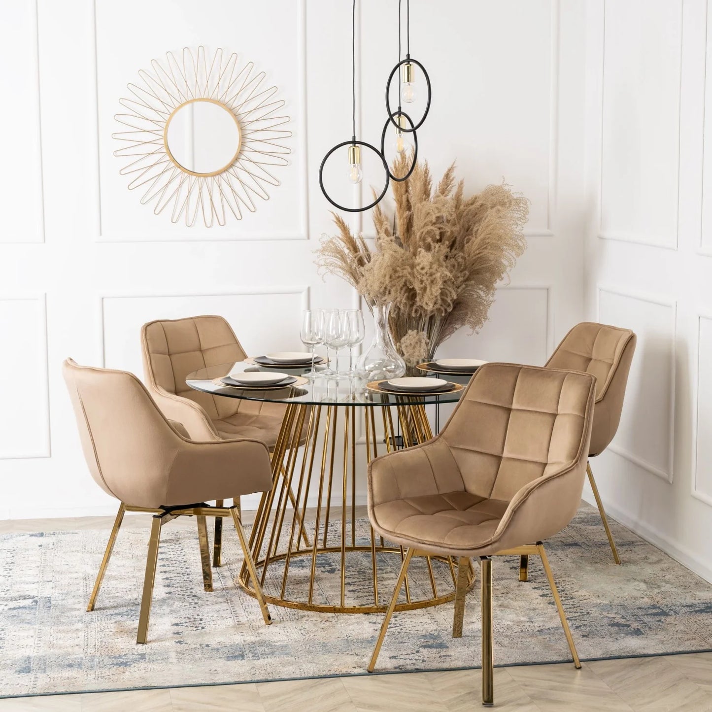 Elite MIA Swivel Velvet Chair – Luxurious Beige & Gold Design