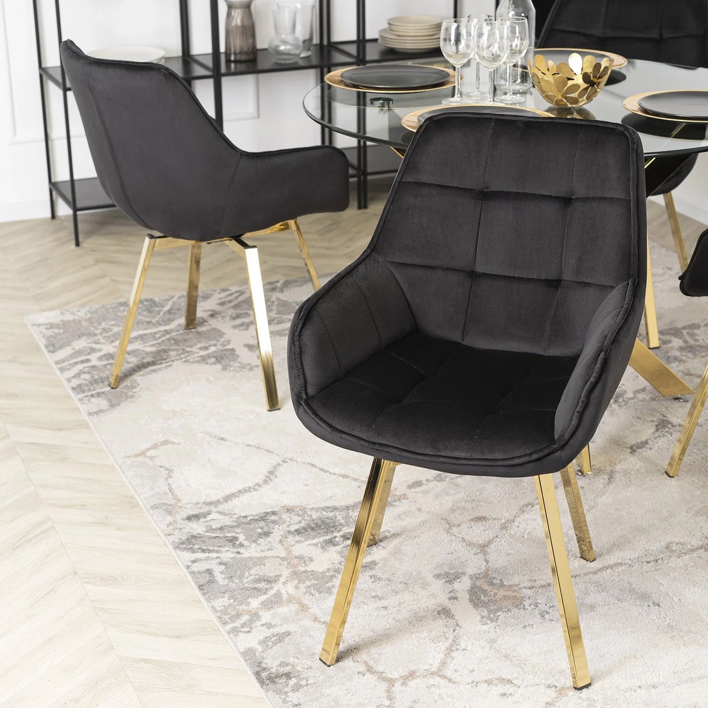 Elite MIA Swivel Velvet Chair – Luxurious Black & Gold Design