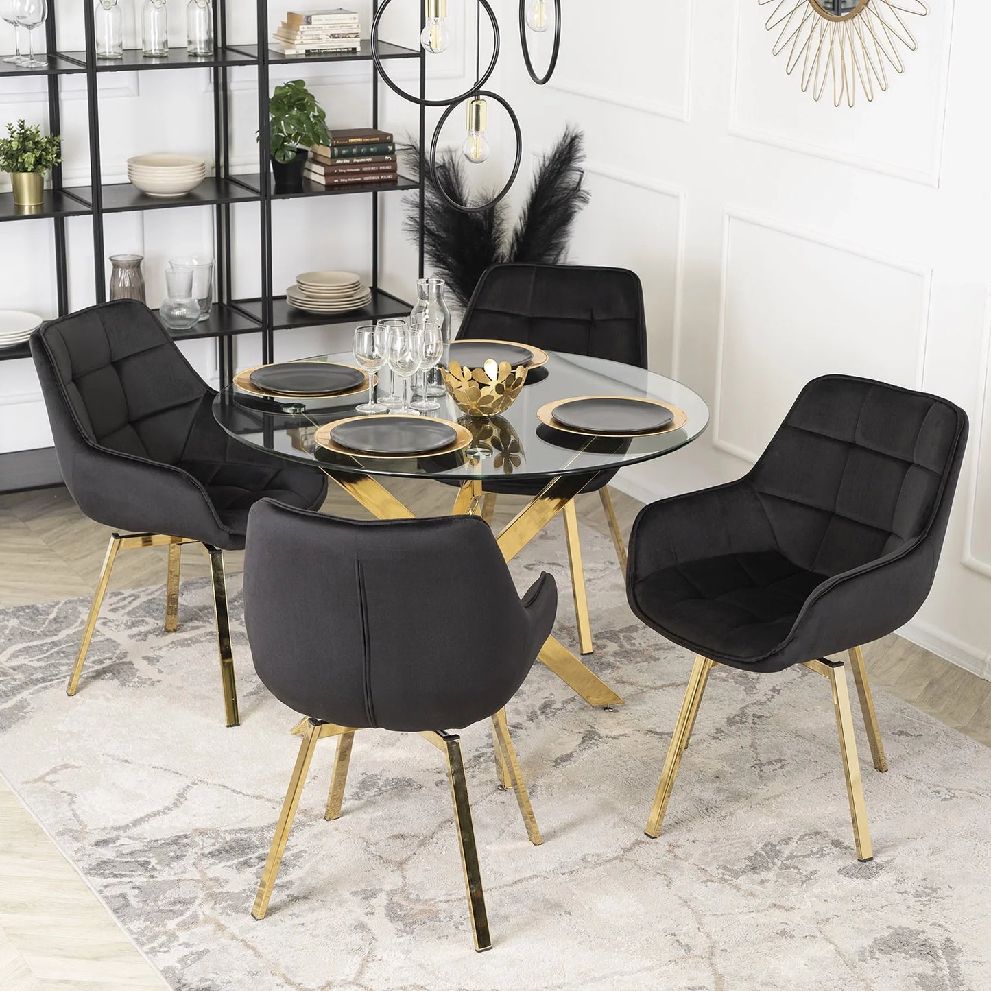 Elite MIA Swivel Velvet Chair – Luxurious Black & Gold Design