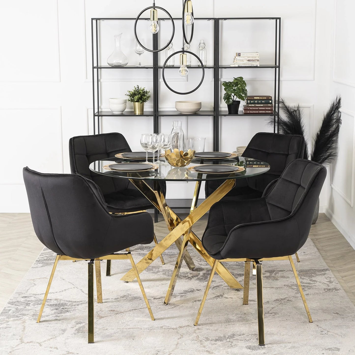 Elite MIA Swivel Velvet Chair – Luxurious Black & Gold Design