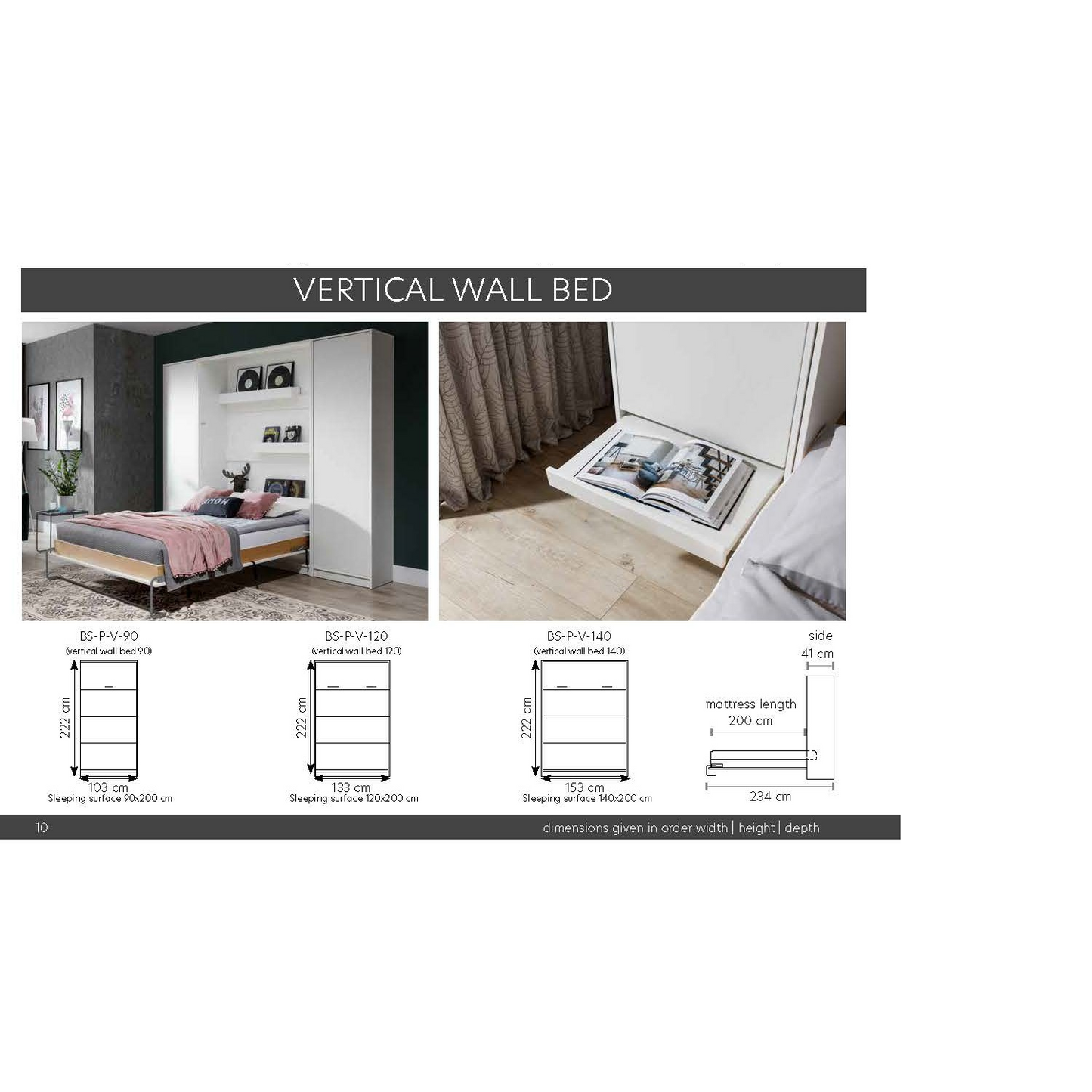 Customizable Murphy Bed Basic Vertical Furniture Set White Matt 90, 120, 140 x 200 cm