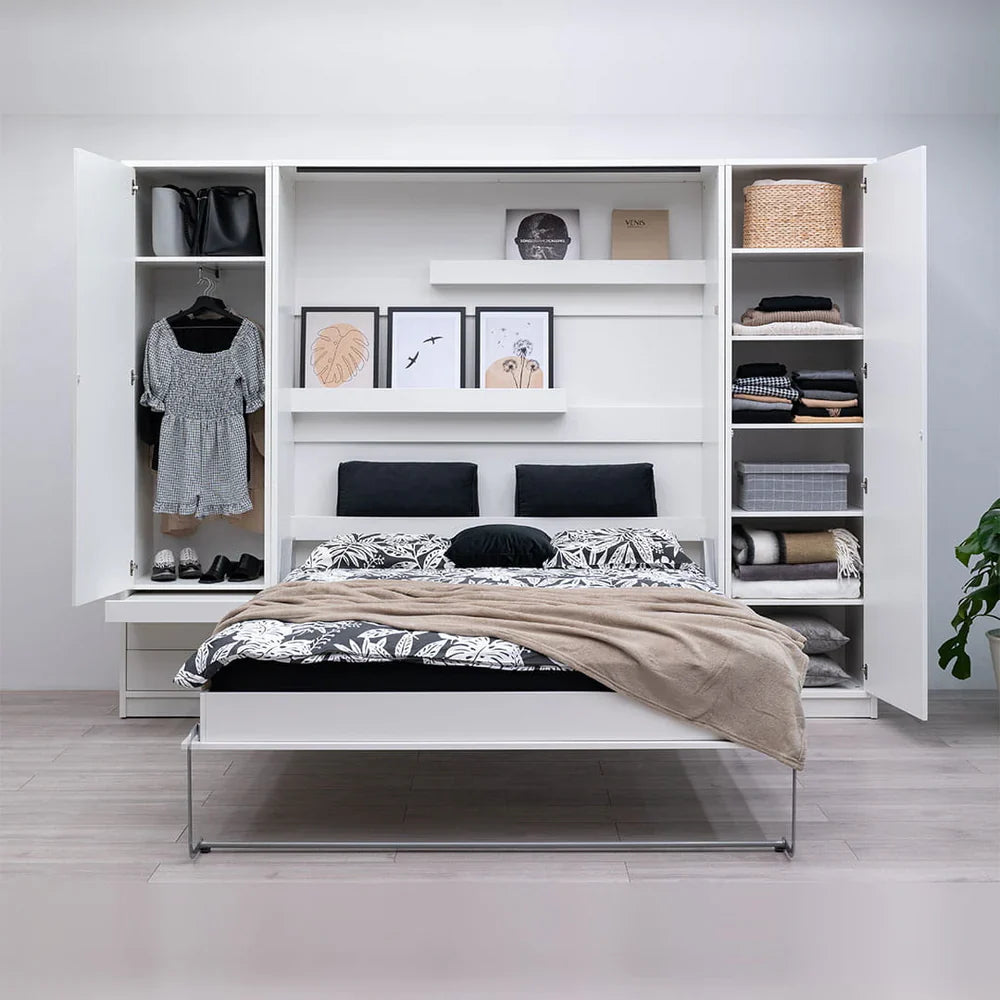 Customizable Genius Murphy Bed Furniture Set 160 x 200 cm White Matt, LED Lighting