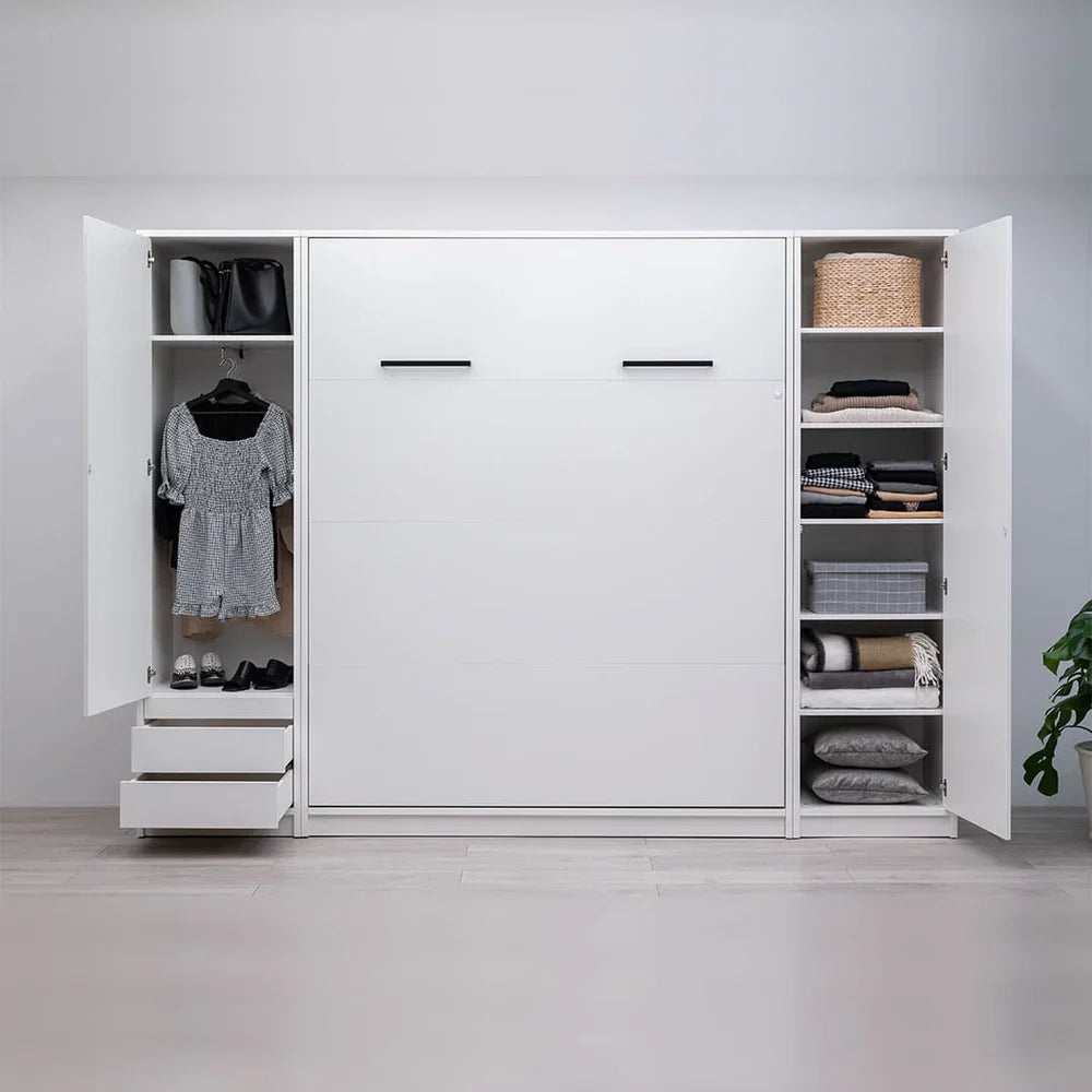 Customizable Genius Murphy Bed Furniture Set 160 x 200 cm White Matt, LED Lighting