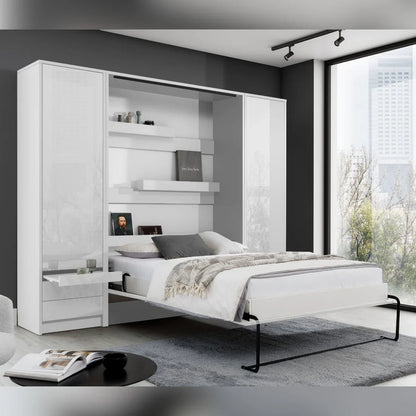 Customizable Genius Murphy Bed with Sofa Set 160 x 200 cm White Gloss and LED Lighting