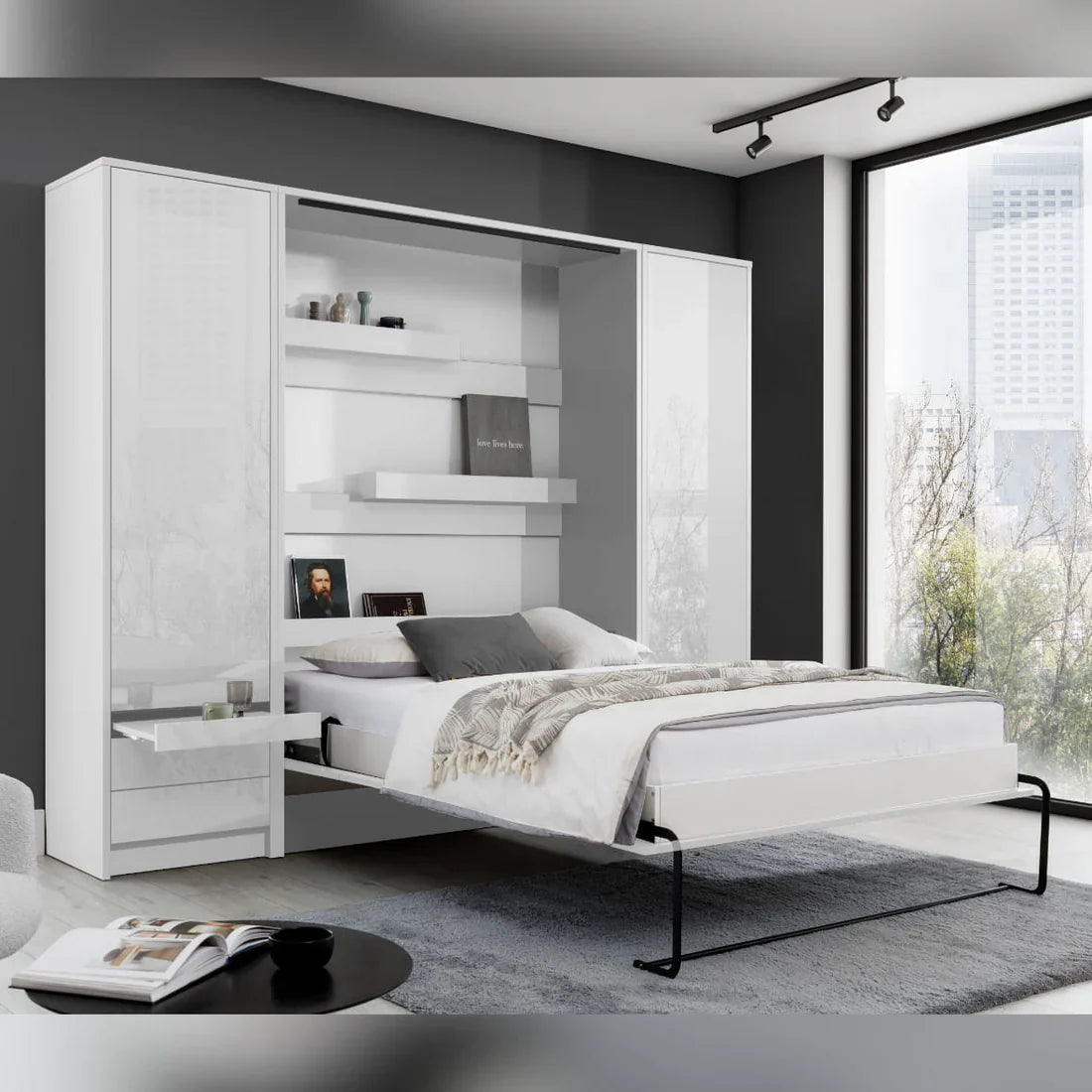 Customizable Genius Murphy Bed with Sofa Set 140 x 200 cm White Gloss, LED Lighting