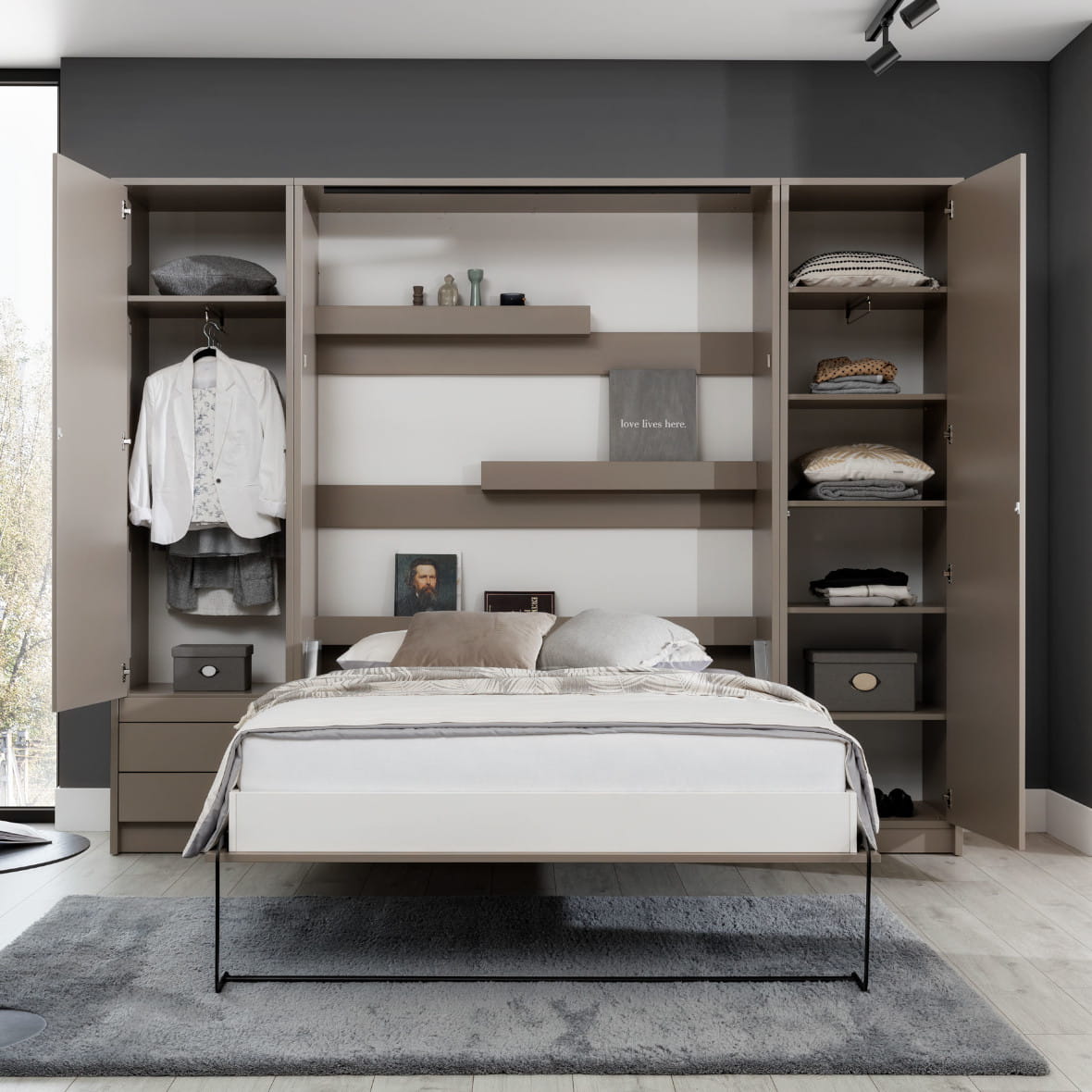 Genius Vertical Murphy Bed with Desk & Wardrobes –  for 120x200 cm Mattress, LED Lighting