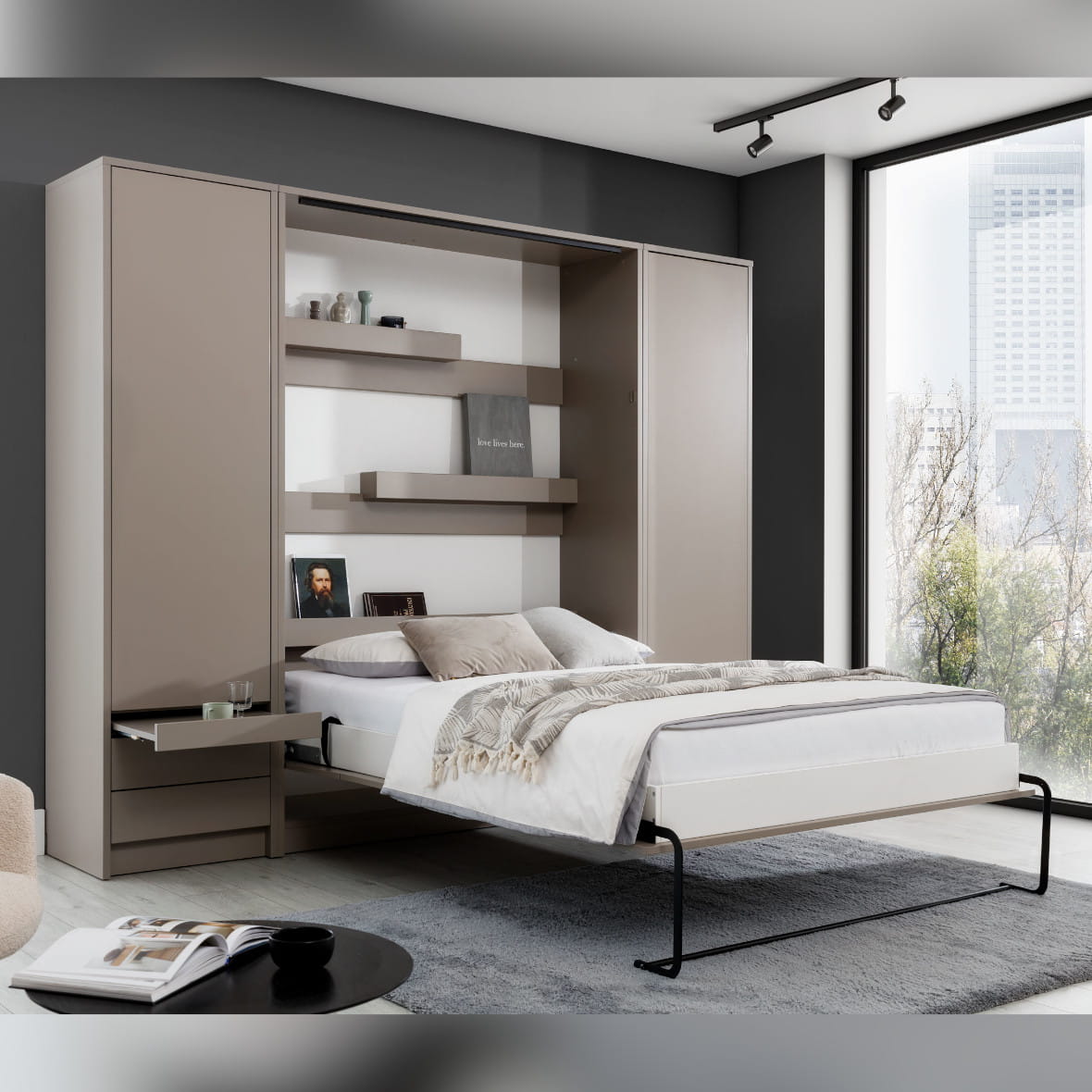 Genius Vertical Murphy Bed with Desk & Wardrobes – for 140x200 cm Mattress, LED Lighting