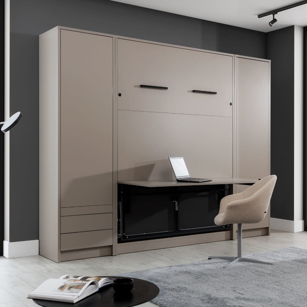 Genius Vertical Murphy Bed with Desk & Wardrobes – with 140x200 cm Mattress, LED Lighting
