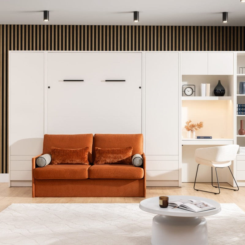 Customizable Genius Murphy Bed with Sofa Set 160 x 200 cm White Gloss and LED Lighting