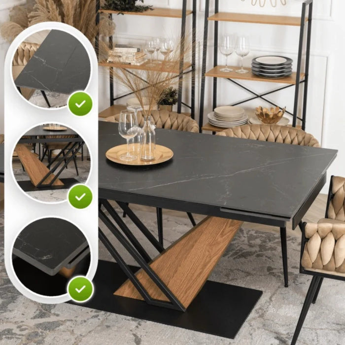 Elite REX Extendable Rectangular Dining Table 160–220 cm Ceramic Black Marble/Walnut Modern Loft