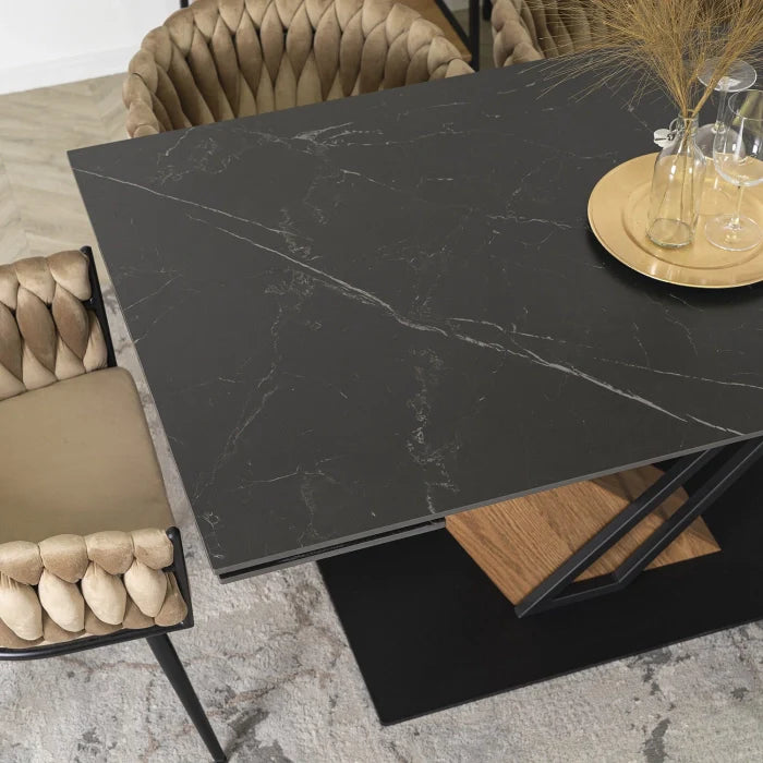 Elite REX Extendable Rectangular Dining Table 160–220 cm Ceramic Black Marble/Walnut Modern Loft