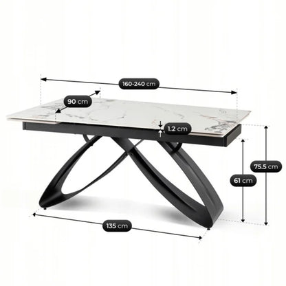Elite LUIGI Extendable Rectangular Dining Table 160–240 cm, Modern Ceramic White Marble/Black