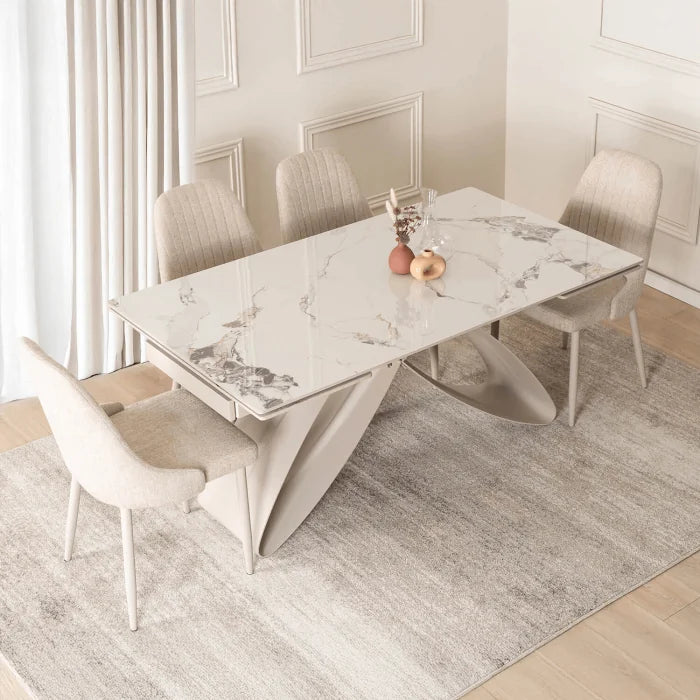 Elite LUIGI Extendable Rectangular Dining Table 160–240 cm, Modern Ceramic White Marble/Cashmere