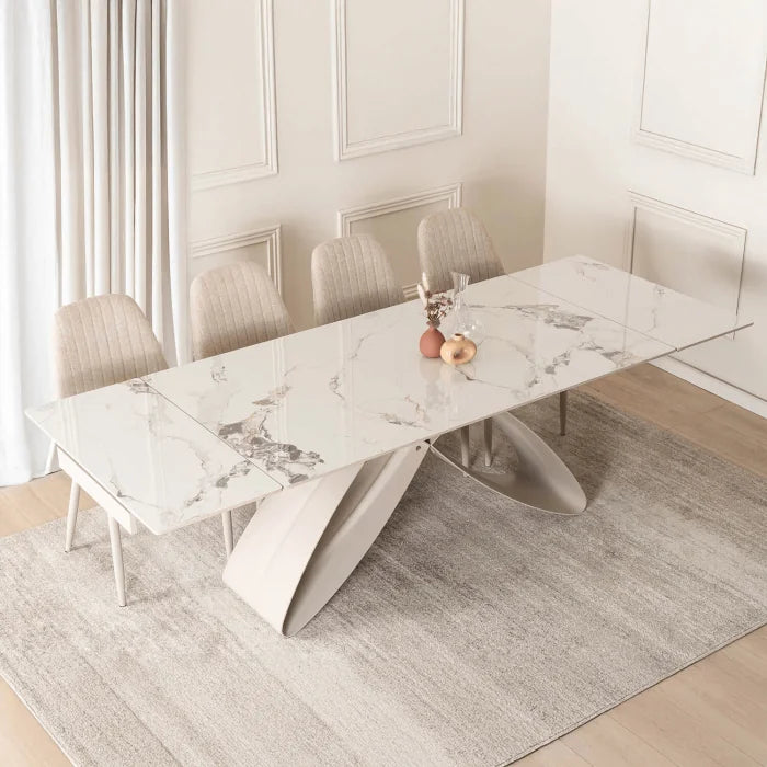 Elite LUIGI Extendable Rectangular Dining Table 160–240 cm, Modern Ceramic White Marble/Cashmere