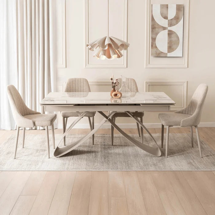 Elite LUIGI Extendable Rectangular Dining Table 160–240 cm, Modern Ceramic White Marble/Cashmere