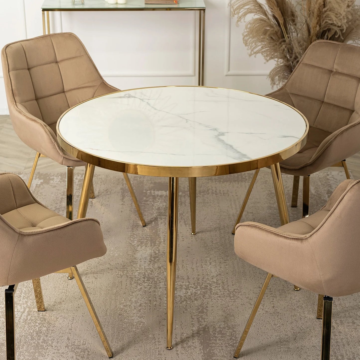 Elite TINGA 100 cm Round Dining Table – White Marble/Gold