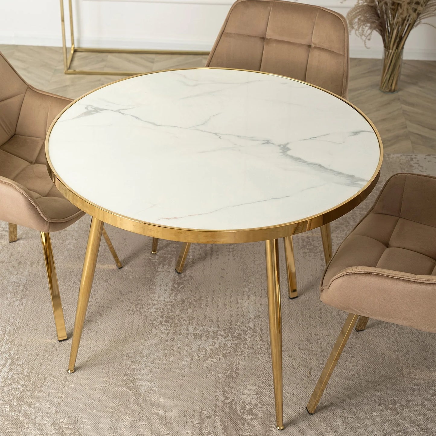 Elite TINGA 100 cm Round Dining Table – White Marble/Gold
