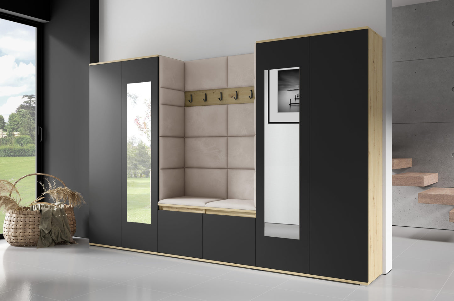 PK Emi 10 Hallway Wardrobe Artisan Oak / Black - Upholstered Panels in Various Colours