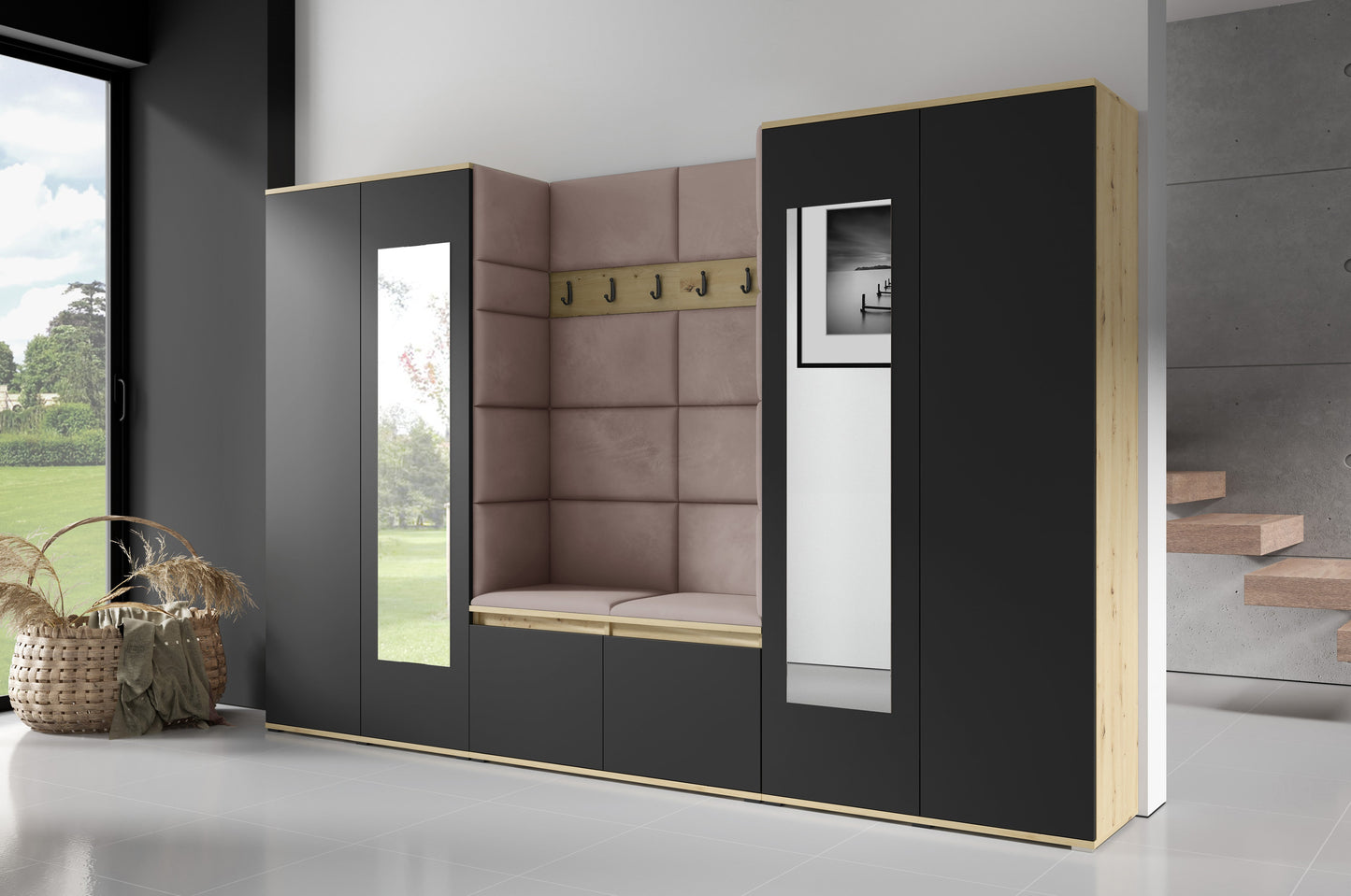 PK Emi 10 Hallway Wardrobe Artisan Oak / Black - Upholstered Panels in Various Colours