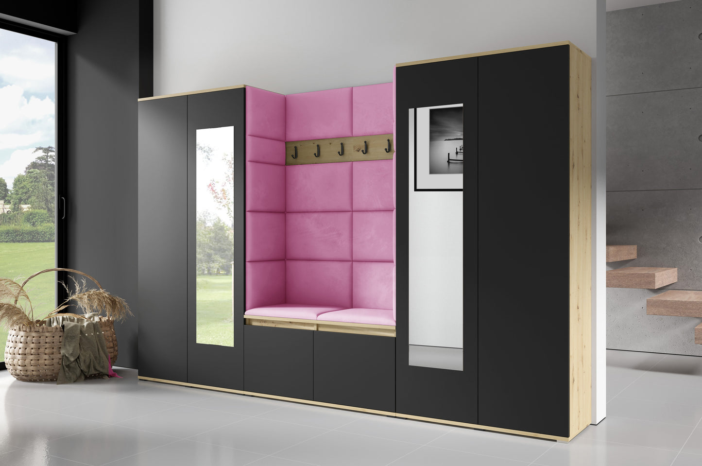 PK Emi 10 Hallway Wardrobe Artisan Oak / Black - Upholstered Panels in Various Colours