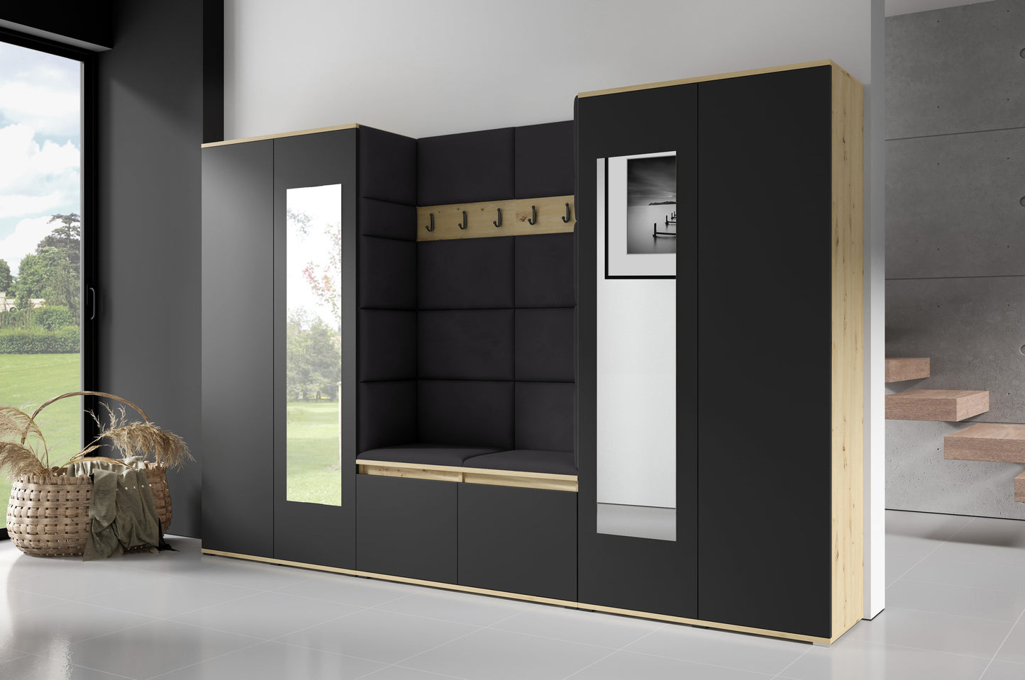 PK Emi 10 Hallway Wardrobe Artisan Oak / Black - Upholstered Panels in Various Colours