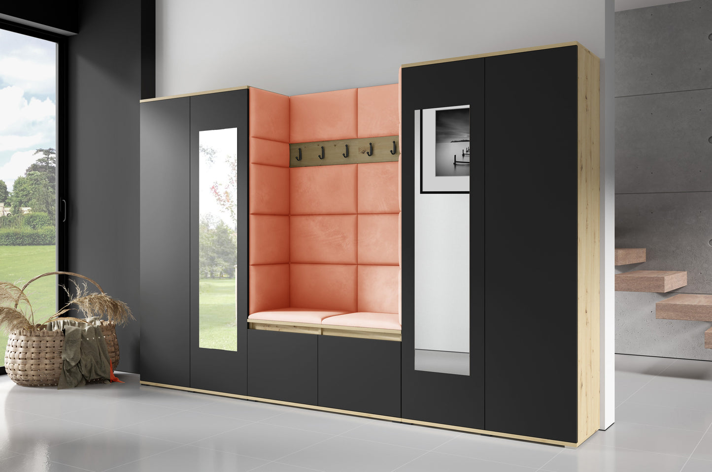 PK Emi 10 Hallway Wardrobe Artisan Oak / Black - Upholstered Panels in Various Colours