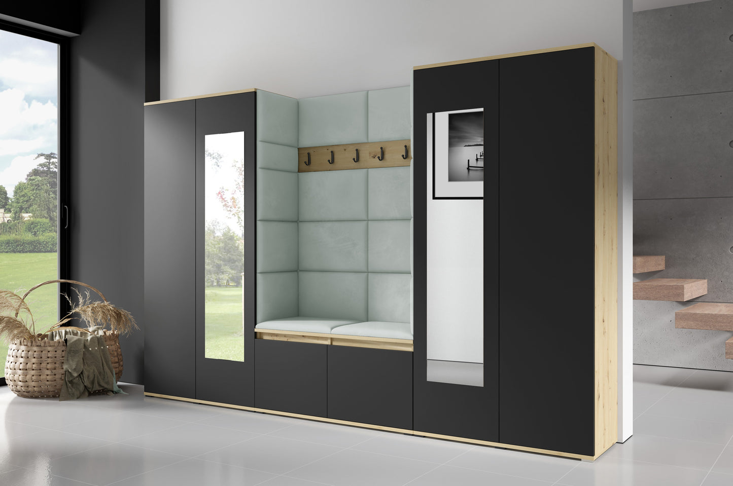 PK Emi 10 Hallway Wardrobe Artisan Oak / Black - Upholstered Panels in Various Colours