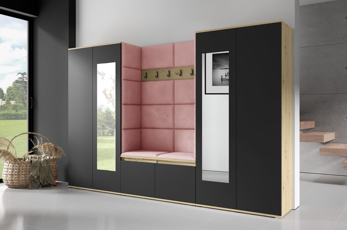 PK Emi 10 Hallway Wardrobe Artisan Oak / Black - Upholstered Panels in Various Colours