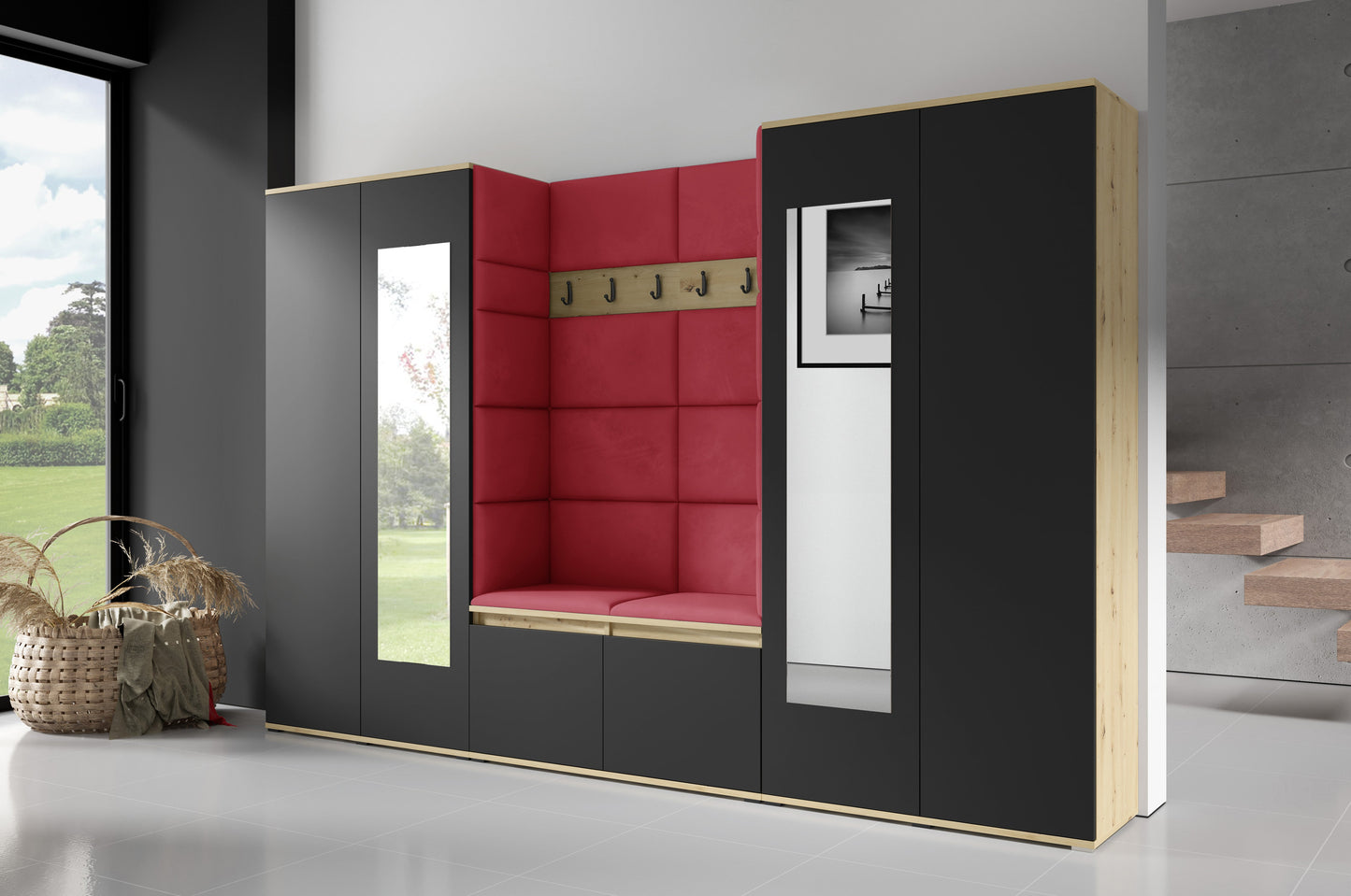 PK Emi 10 Hallway Wardrobe Artisan Oak / Black - Upholstered Panels in Various Colours