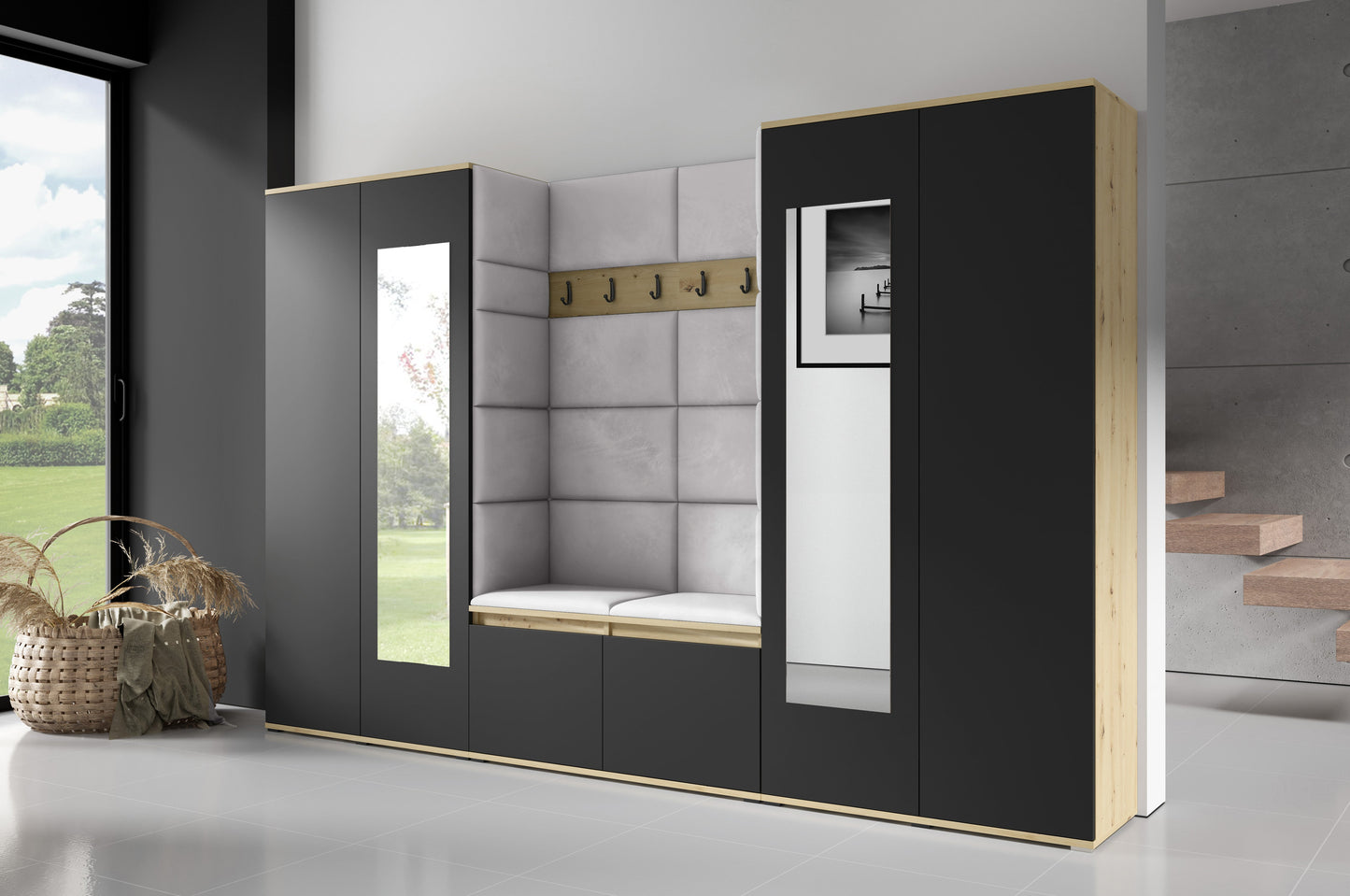 PK Emi 10 Hallway Wardrobe Artisan Oak / Black - Upholstered Panels in Various Colours